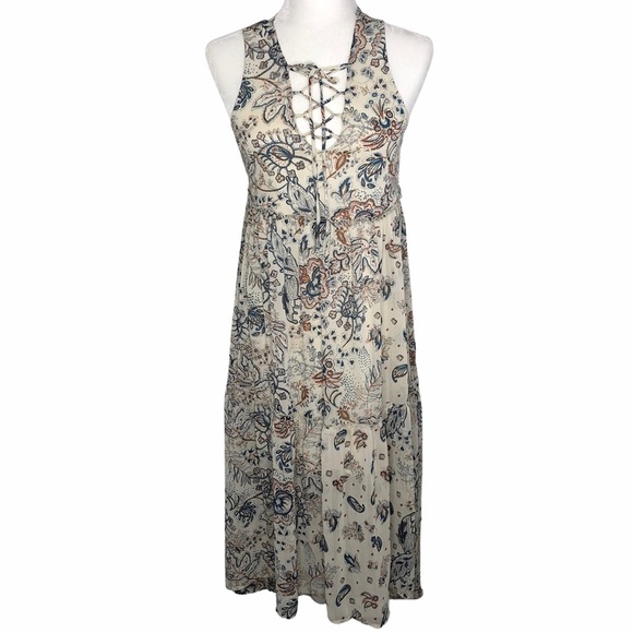 Xhilaration Boho Hi Lo Dress Floral Paisley Cream Blue Brown Juniors S Small - Picture 1 of 14